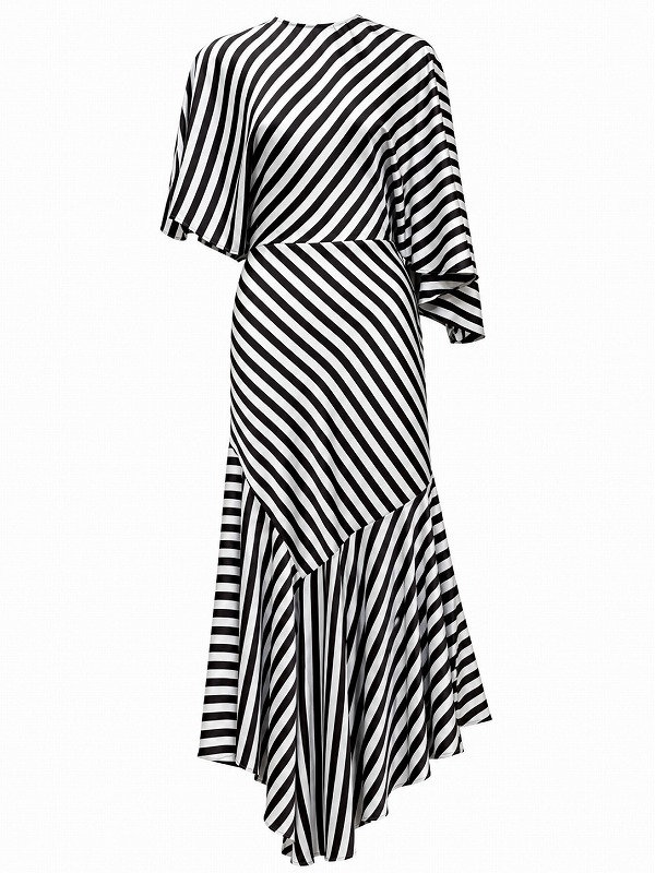 【新品DRESS 1036】ボーダーストライミックスドルマンスリーブミモレ丈フレアロングドレス ホワイトブラウン【asos】
